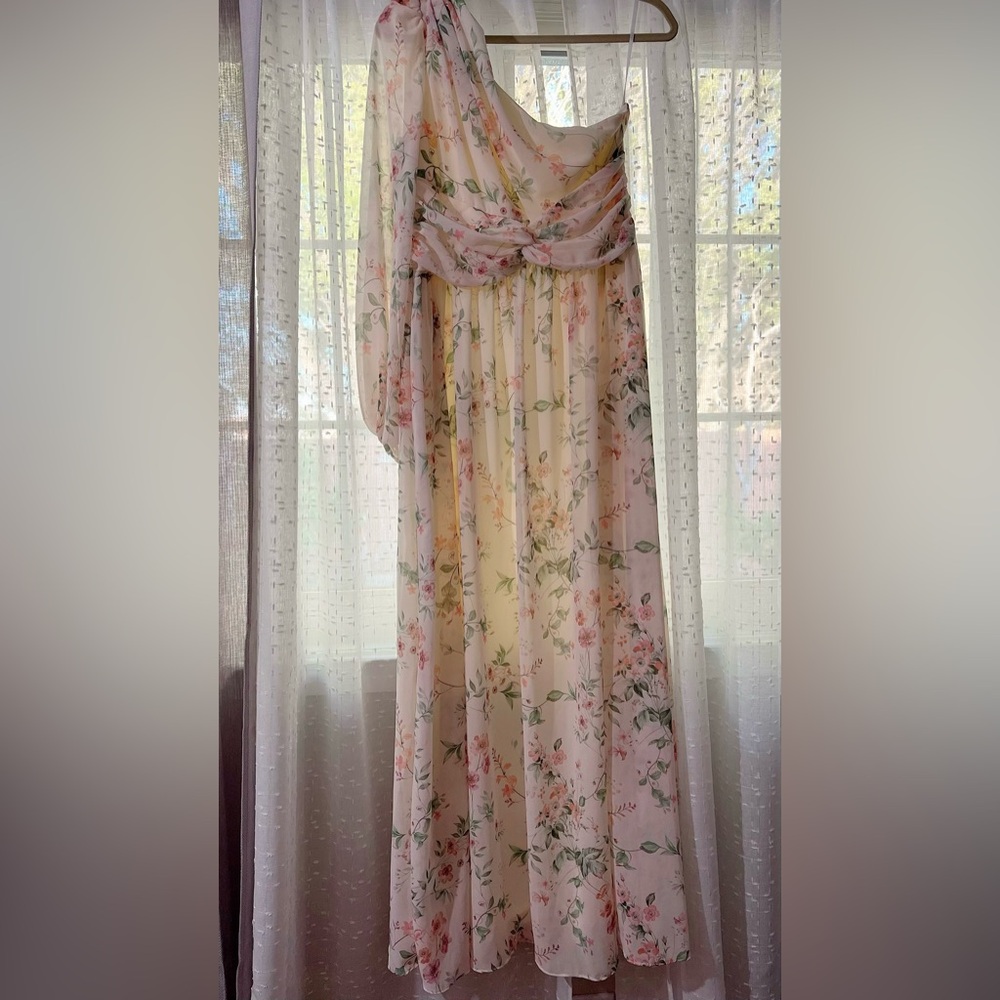 SHEIN Belle Allover Floral Print One Shoulder Lantern Sleeve Bridesmaid Dress
